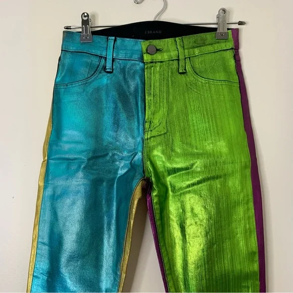 Rare J BRAND Metallic Foil Colorblock Aqua/Lime/Purple/Gold Skinny Jeans size 26
